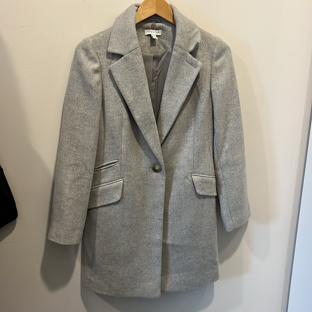 Never worn! light grey jacket with removable fur collar by top shop size 2